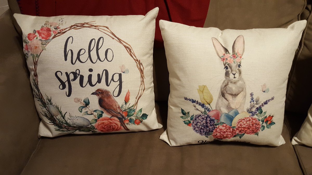 MKessnerEdD's tweet photo. Spring throw pillows--"Happy Easter," "Welcome to Our Neat," and "Hello, Spring." #springthrowpillows https://t.co/sHqPFFq6fO