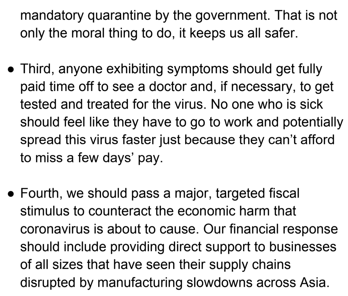 In Houston, <a href="/ewarren/">Elizabeth Warren</a> is also laying out the steps she thinks are necessary to respond to the coronavirus:

-testing and any eventual vaccine should be free
-paid leave for anyone exhibiting symptoms
-fiscal stimulus to counteract economic harm