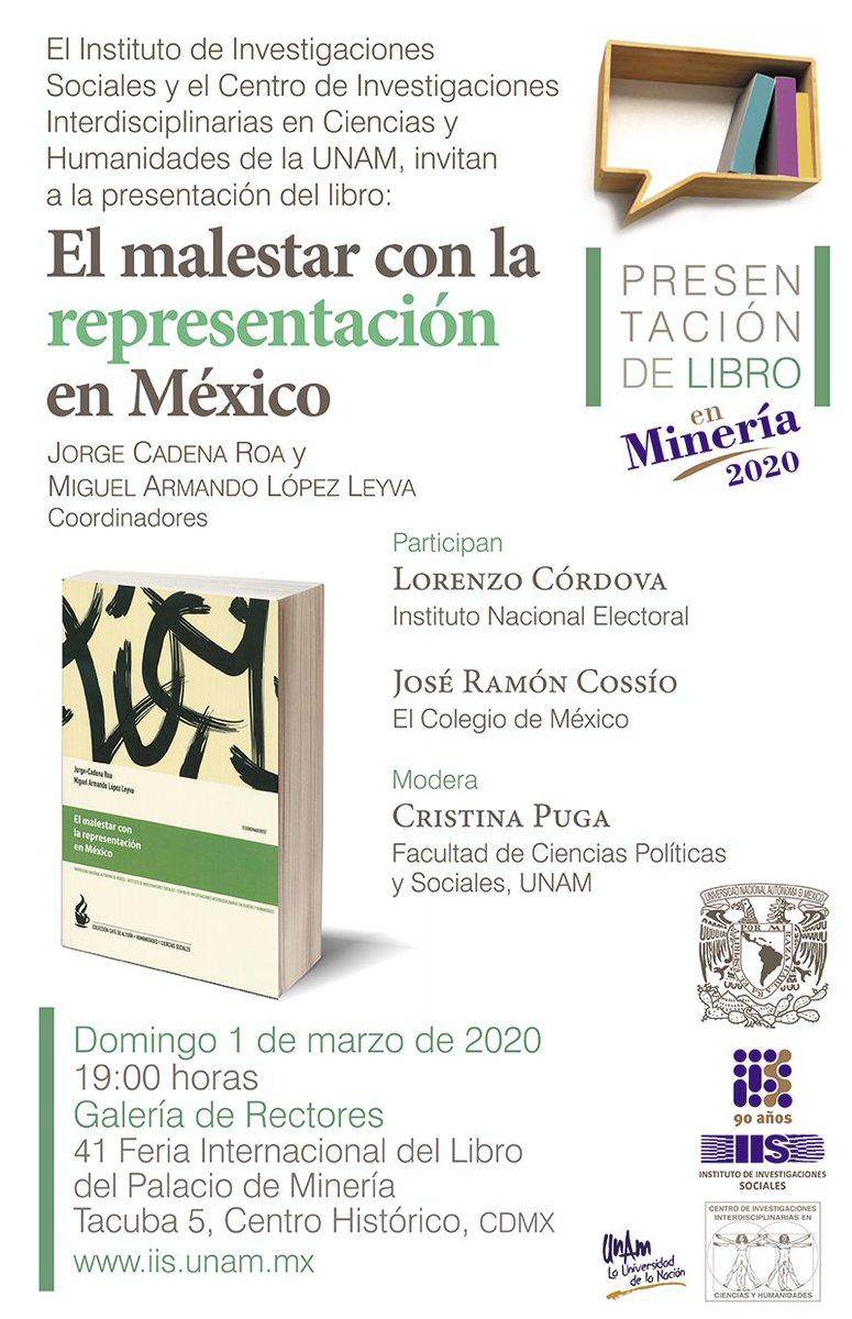 IISUNAM's tweet photo. ¡Mañana! Acompáñanos a la presentación del libro: "El malestar con la representación en México".
La cita es a las 19h en el Galería de Rectores de la #FILPMMX https://t.co/15FltH5BqE