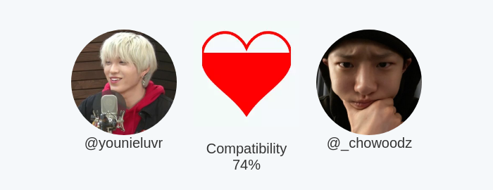 cixchris's tweet photo. My love compatibility with @_chowoodz is 74%

Calculated with https://t.co/1PG26l6uSU

⠀ https://t.co/1RJIT8gAXi