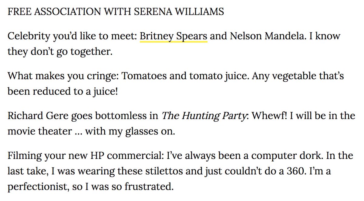 Not including the 2007 free association interview that Serena did with People Magazine, in which she named her opponent as "something overrated".