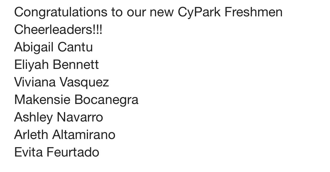 Super excited to announce members of the first ever Freshmen <a href="/CheerCypark/">@CyPark Cheer</a> squad! #RiseUp #Classof2024 #TigerCubs <a href="/kahlams/">Kahla Middle School</a> <a href="/ThorntonCFISD/">Thornton MS</a> <a href="/HopperMS/">Hopper Middle School</a>