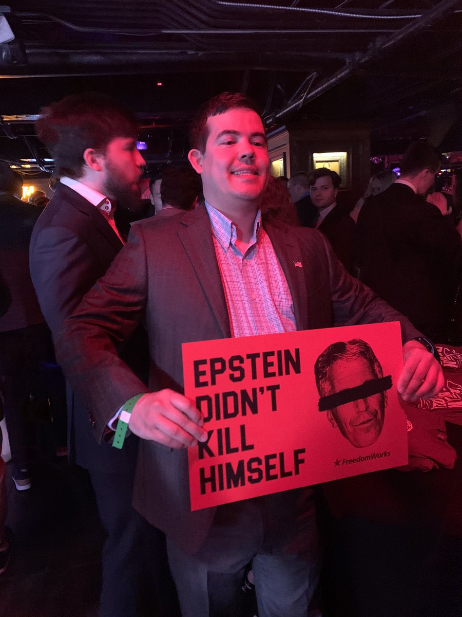 EmilyBStack's tweet photo. #Reaganpalooza2020 #Epsteindidntkillhimself @FreedomWorks signs are a hit. Thank you @AFF for throwing a successfulebent #affnetwork #ampfw https://t.co/kmQjDcV51Y