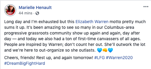 akac's tweet photo. My dearest friend @moremarielle, who is an awesome Warren organizer in @ohioforwarren, has a message for all of you Warren Warriors.
We have the candidate of a lifetime. Let's keep organizing to get her to the WH! No matter what happens, NO REGRETS!🔥
#OutworkOutorganizeOutlast https://t.co/2BbMDnwccg