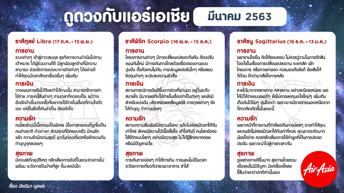 airasiaTH's tweet photo. ราศีใดรักรุ่ง ราศีใดงานเลิศ เช็กดวงปังๆ ประจำเดือน มีนาคม 2563 จากนิตยสาร travel360 กับเรากันเลยค่ะ! #AirAsia #แอร์เอเชีย #ดูดวง #ดวงแอร์เอเชีย #ดูดวงกับแอร์เอเชีย https://t.co/d9RqUbKG0F