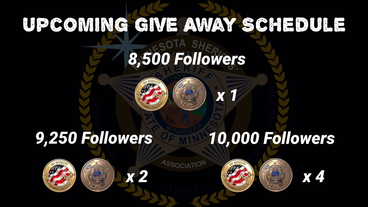 MNSheriffs's tweet image. Challenge Coin Giveaways!

We’re always looking to share the great work of our SO’s with as many people as possible.

We’ll choose winners once we hit the Follower numbers below:

8,500 - One Winner
9,250 - Two Winners
10,000 - Four Winners

#LivePDNation #LivePD #MNSheriffs