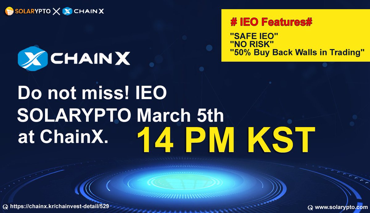 Don't Miss Upcomming SAFE IEO in ChainX,

1st Sale Session: Open at 14:00:00 (KST) on Mar 5th 
1SPO = 0.0025 $ / Hard Cap : 300,000 USD

Tokens Buy : chainx.kr/chainvest-deta…

Each buy Wall : 20% Increase Token Price 
BUY  BACK WALLS --0.0030 $, 0.0035$, 0.0040$, 0.0045$, 0.0050$