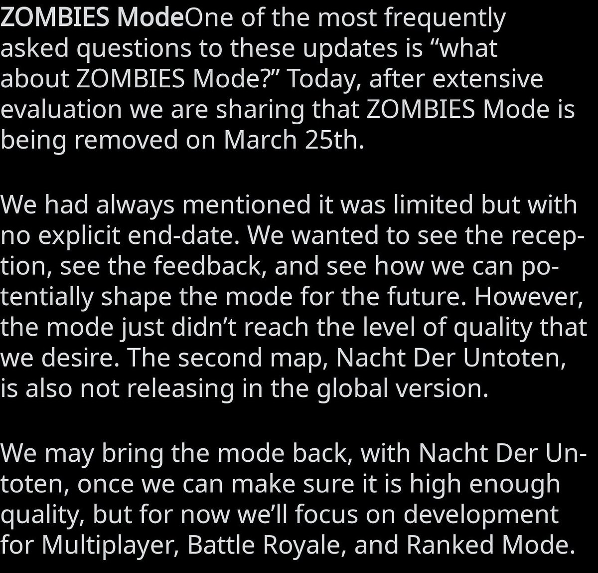 revenge_noob's tweet photo. Bad news for those ZOMBIES lovers! Call of Duty: Mobile ZOMBIES mode is being REMOVED on March 25!!😵😵. 
.
.
.
.
.
.
#codmemes #codmobile #cod #codmobilelegendary #codcrash #codmlegendary #codmw #codyorlove #codclips… https://t.co/b2wI9MFePO https://t.co/DetWARS87Y