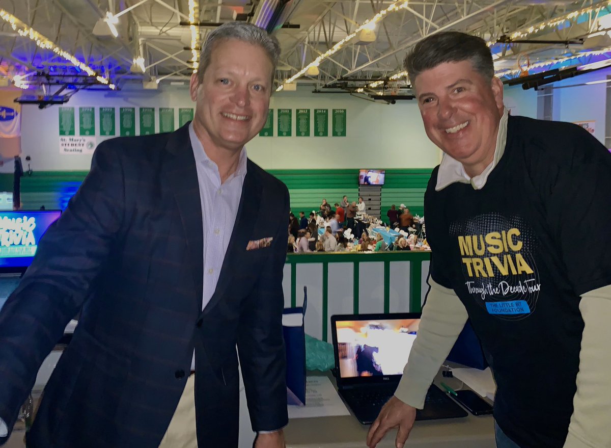 TomShipley's tweet photo. #TLBMusicTrivia2020 @LittleBitSTL Tenth year of these two Super MC’s working the room!! https://t.co/Ij67iPMpYM