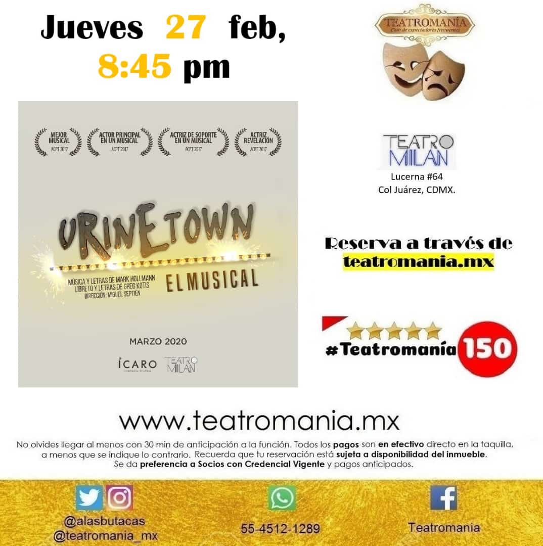 alasbutacas's tweet photo. ¿Ya te enteraste? 

Si eres nuestro socio o nos sigues en redes, puedes obtener un genial descuento para ver @UrinetownMx

Aprovecha y compra tus boletos en nuestra página web 

https://t.co/uknRwv4m5d 

Sección RESERVACIONES 

#EsUnLujoHacerPipí

#UrinetownMx https://t.co/PvCuAzh21F