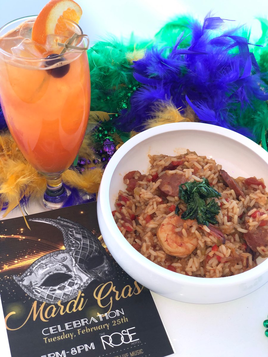 It wouldn't be #MardiGras without Hurricanes and Jambalaya! Join us this coming Tuesday for a Mardi Gras celebration at The Rose Hotel from 5-8 PM with live jazz music.