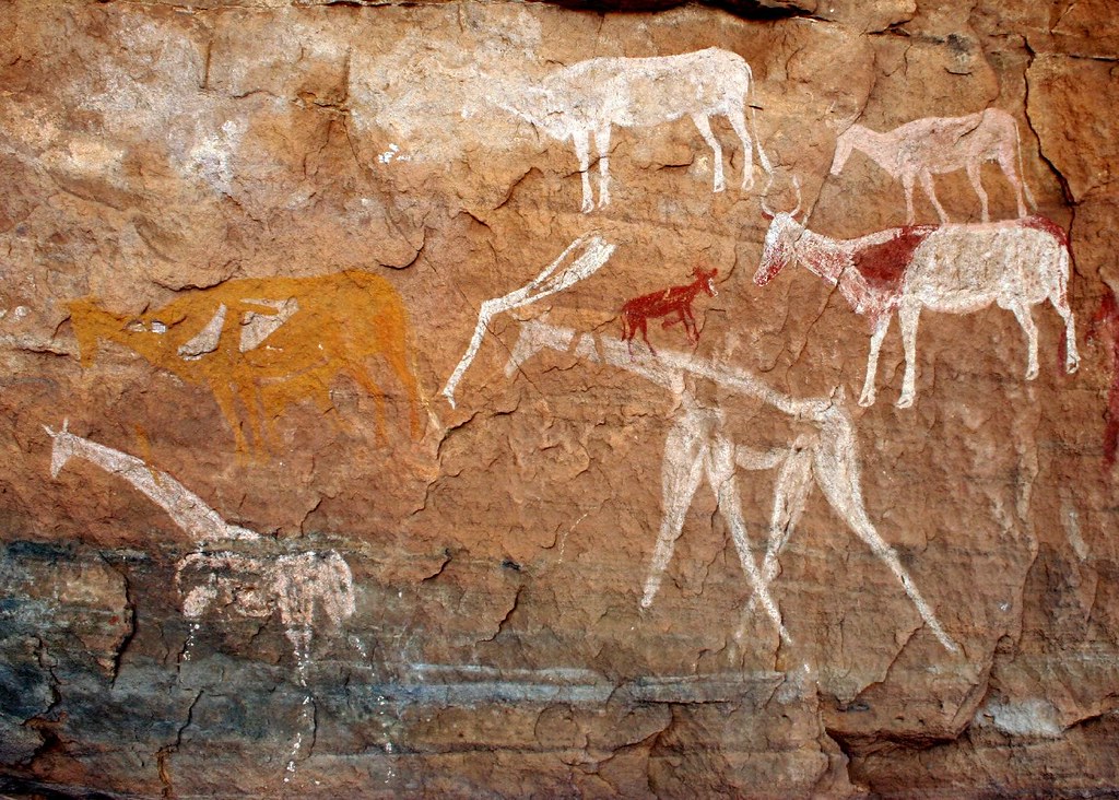 Prior to the desertification, the Prehistoric Africans of the region were primarily Hunters-Gatherers. They depicted themselves in rock art, hunting animals such as Gazelle, Giraffes & other animals which can no longer be found in North Africa.