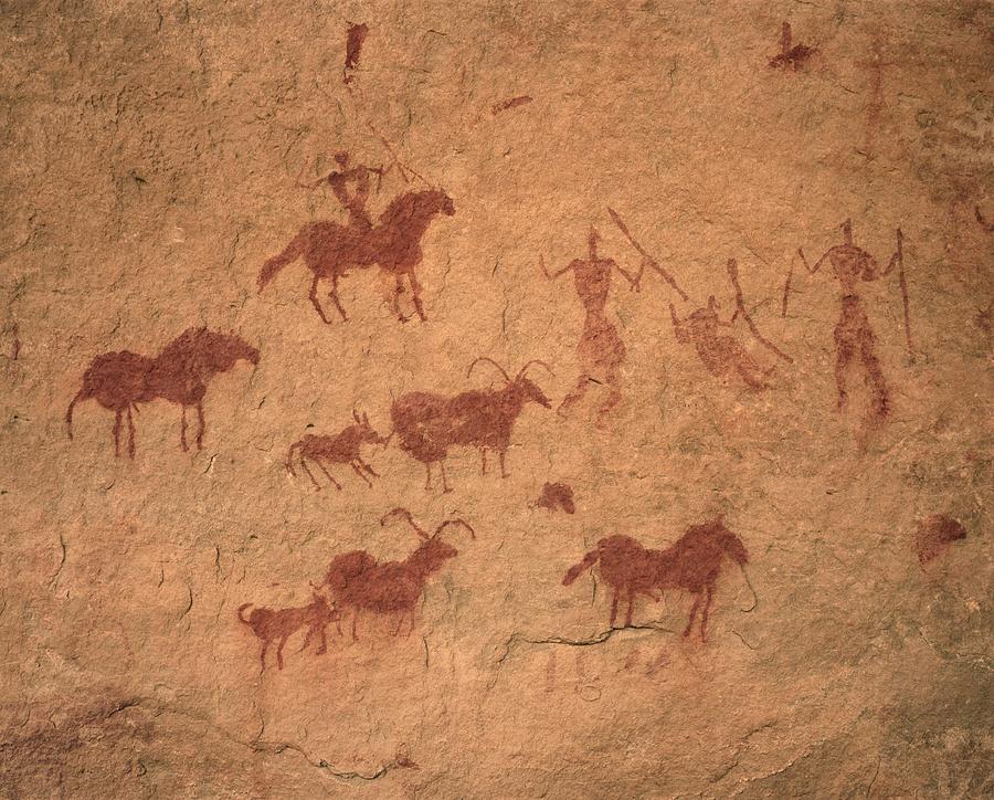 Prior to the desertification, the Prehistoric Africans of the region were primarily Hunters-Gatherers. They depicted themselves in rock art, hunting animals such as Gazelle, Giraffes & other animals which can no longer be found in North Africa.