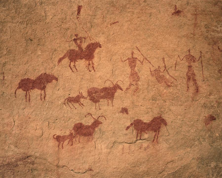 Prior to the desertification, the Prehistoric Africans of the region were primarily Hunters-Gatherers. They depicted themselves in rock art, hunting animals such as Gazelle, Giraffes & other animals which can no longer be found in North Africa.