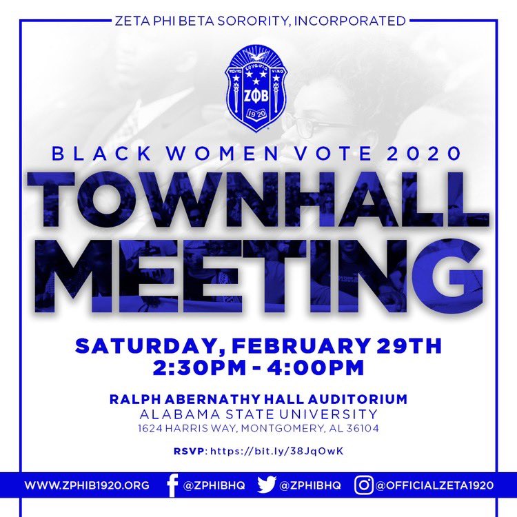 ZPhiBInc1920's tweet photo. Zeta Phi Beta will release results from In the Voices of Black Women study during its "Black Women Vote 2020" town hall on February 29th at 2:30 p.m. on the campus of Alabama State University in Montgomery, AL. 💙💙💙💙💙🕊 #zetaphibeta #zetagetengaged #zphib2020 #zphib https://t.co/bT6vtM2ufb