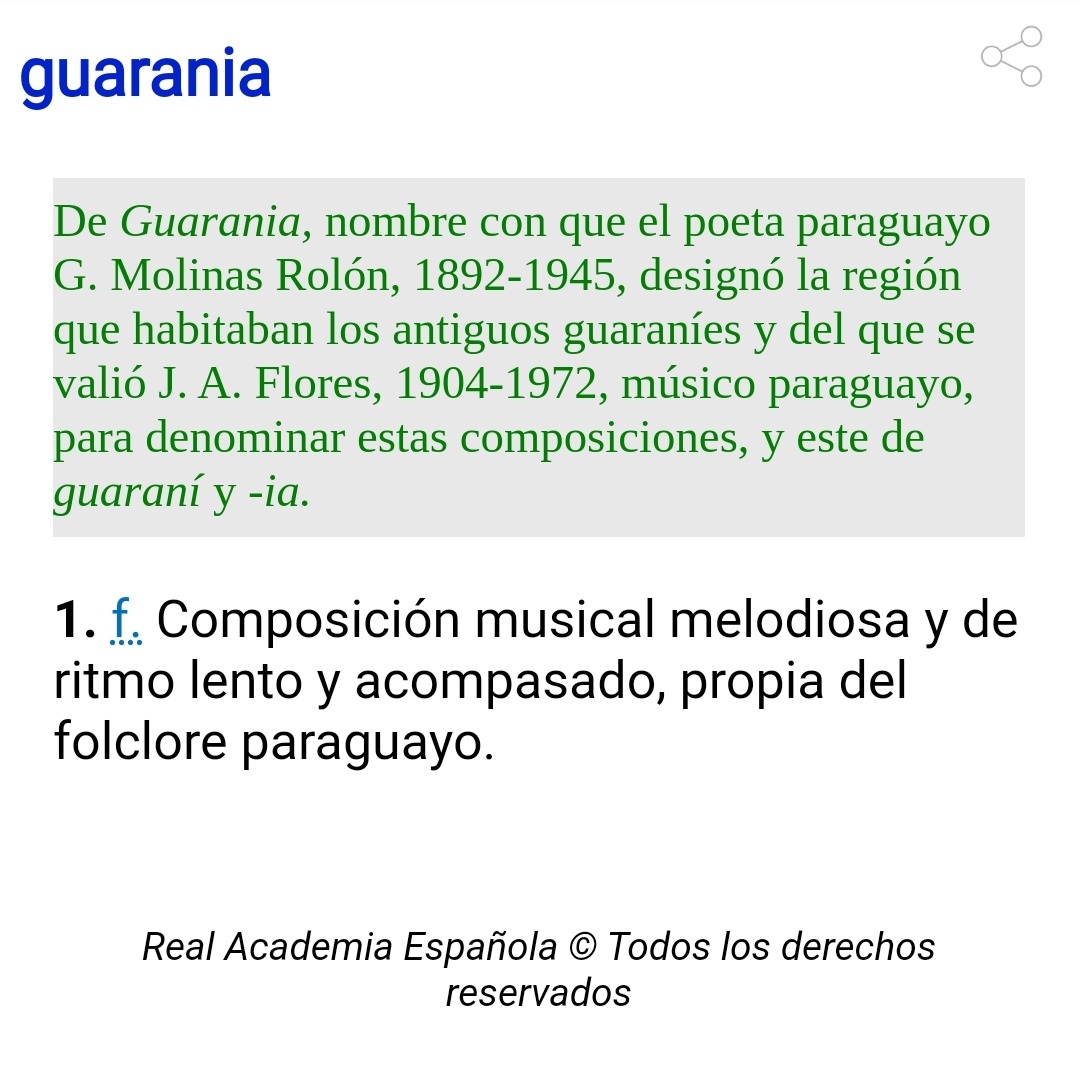 palabraDLE's tweet photo. AMO leer la información etimológica (en verde) que trae el «DLE», como esta sobre el vocablo «guarania» #PalabraDelDia https://t.co/MCsMenmOgS