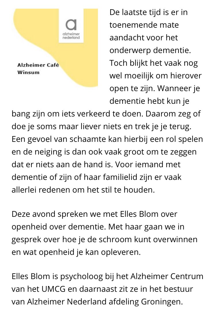 EllesBlom's tweet photo. Donderdag gesproken bij #AlzheimerCafe #Winsum over openheid bij #dementie als bestuurslid bij Alzheimer Nederland #Groningen en #neuropsycholoog bij het #AlzheimerCentrum #Groningen. Wat een opkomst! Wat een eer! https://t.co/AyAeyQt43k