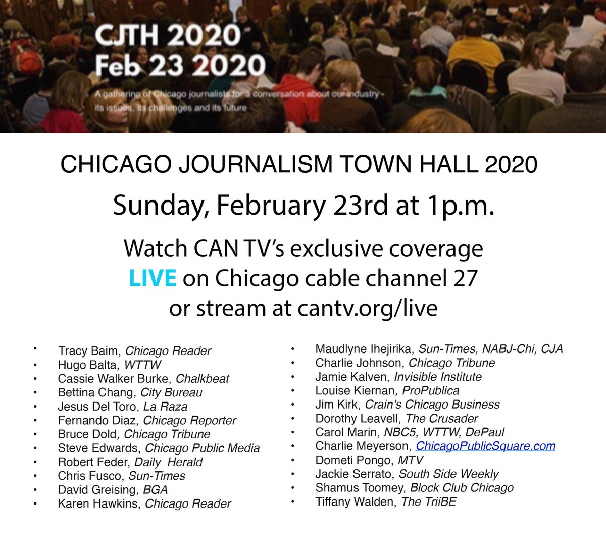 Can Tv On Sun Feb 23rd At 1 P M Watch The Chicago Journalism Town Hall Live On Chicago Cable Channel 27 Or At T Co Mpmnbvspw5 Cjtw Chicagojournalism Kendavis27 Heathercherone Ctguild