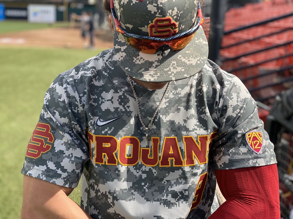 BaseballBros's tweet photo. USC’s new camo unis for today 🔥 https://t.co/tJcLqh4Puw