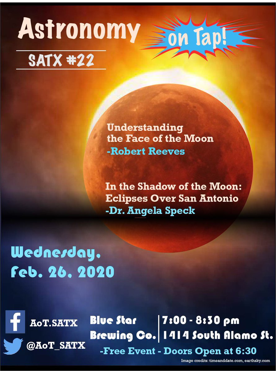 AoT_SATX's tweet photo. Our 22nd Astronomy on Tap is right around the corner - with a double feature on the moon! This month, we will be welcoming astrophotographer Robert Reeves as well as astrophysicist and @UTSA_PhyAst chair @Stardustspeck to the stage. See you on Wednesday! #AoTSATX22 https://t.co/YMRGoBBX57