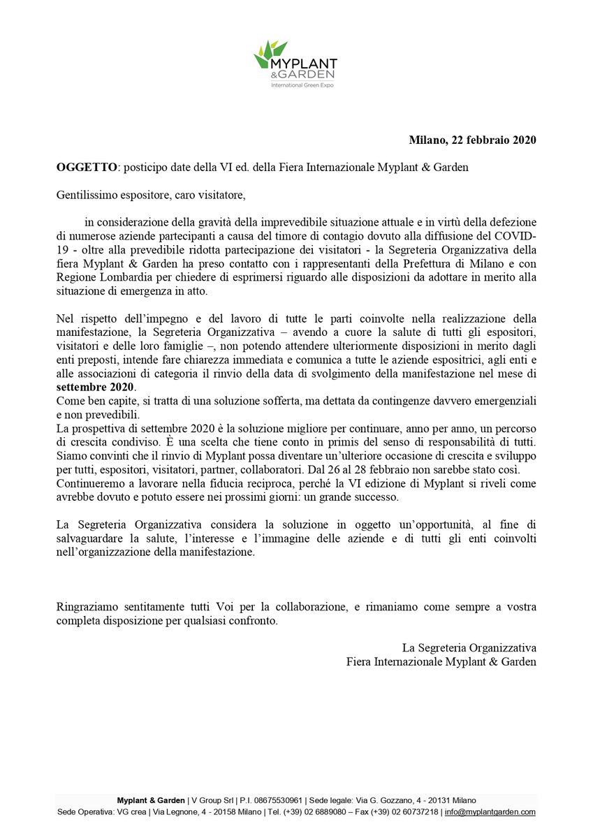 [breaking news] posticipo date VI ed. #Myplant &amp; Garden.
Una soluzione sofferta, dettata da contingenze emergenziali e imprevedibili. Una scelta che tiene conto del senso di responsabilità ns e delle esigenze di tutela della salute di espositori, visitatori e delle loro famiglie