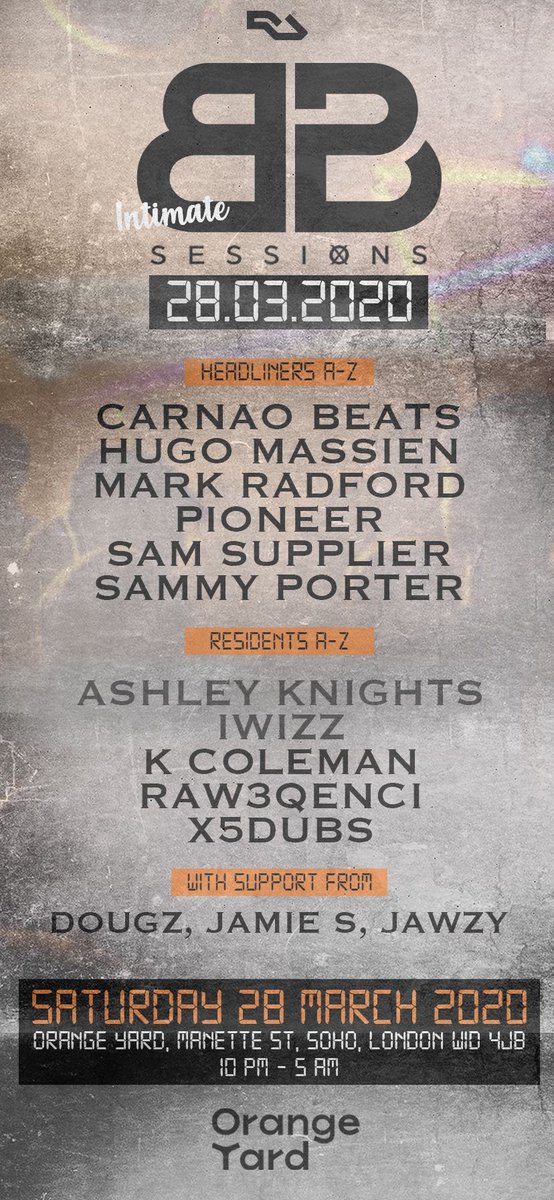 Roll on <a href="/b2bsessions/">Back 2 Back Sessions</a> down <a href="/OrangeYardSoho/">Orange Yard</a> 
With <a href="/CarnaoBeats/">C A R N A O  B E A T S</a> <a href="/hugomassien/">HUGO MΔSSiΣN</a> <a href="/djmarkradford/">MarkRadford</a> <a href="/djpioneer/">DJ Pioneer</a> <a href="/SamSupplier/">SAM SUPPLIER</a> <a href="/iamsammyporter/">Sammy Porter</a> plus residents and support also 
Cant wait to see who will go B2B with who 
All I know the music will be utterly mustard from start to finish