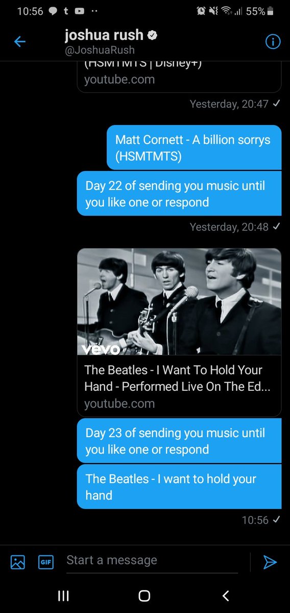 Day 23 of sending  @JoshuaRush music until he likes one or responds The Beatles - I want to hold your hand