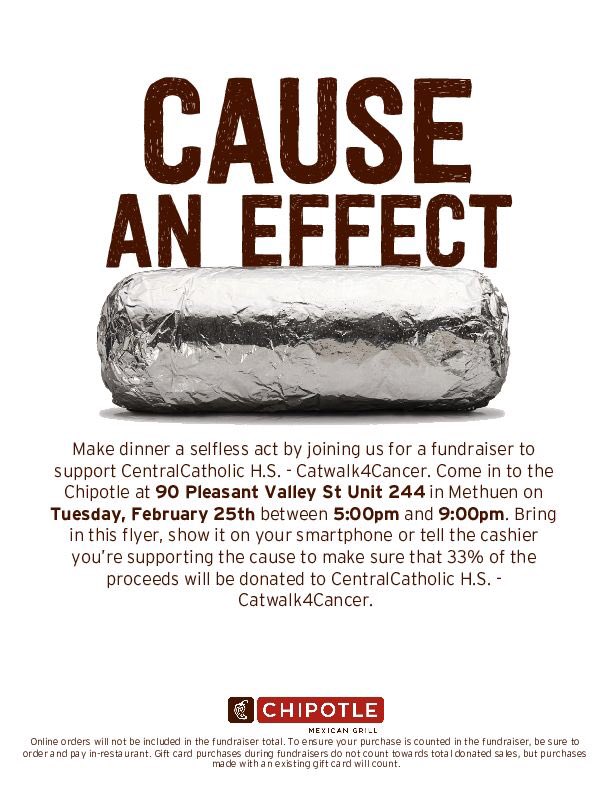 CCRaider_C4C's tweet photo. Everyone come to Chipotle (at the Loop) this Tuesday, 2/25, from 5-9pm! 33% of all proceeds help support the Catwalk4Cancer event!! We hope to see all of you there and make sure to show them this pic so your order counts!! 💜💜 https://t.co/jfbT8vxdnf