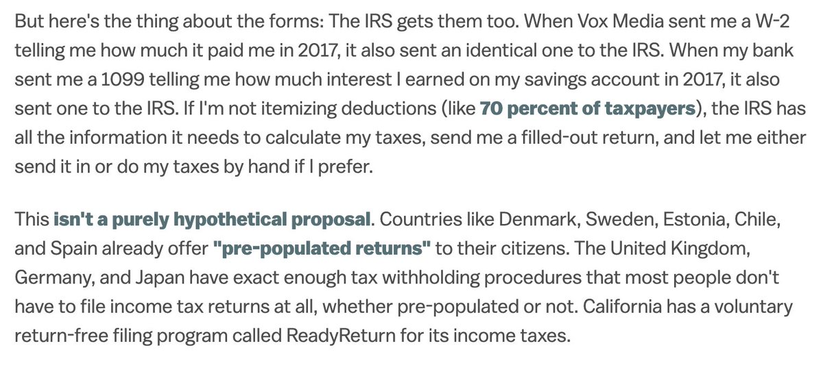 yearly reminder: when you pay turbotax money to do your taxes, you are in part paying for the tax system to remain complicated enough for turbotax to stay in business. 

taxes for most people could take 0-5min but turbotax lobbies against it

vox.com/2016/3/29/1132…