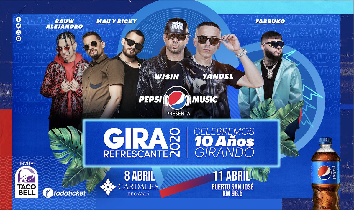 PepsiGuate's tweet photo. Dale RT y acompáñanos a celebrar #10AñosGirando en la #GiraRefrescante Pepsi 2020!  

.@wisinyyandel .@MauYRicky .@FarrukoOfficial .@rauwalejandro https://t.co/vq3GcWXEyZ