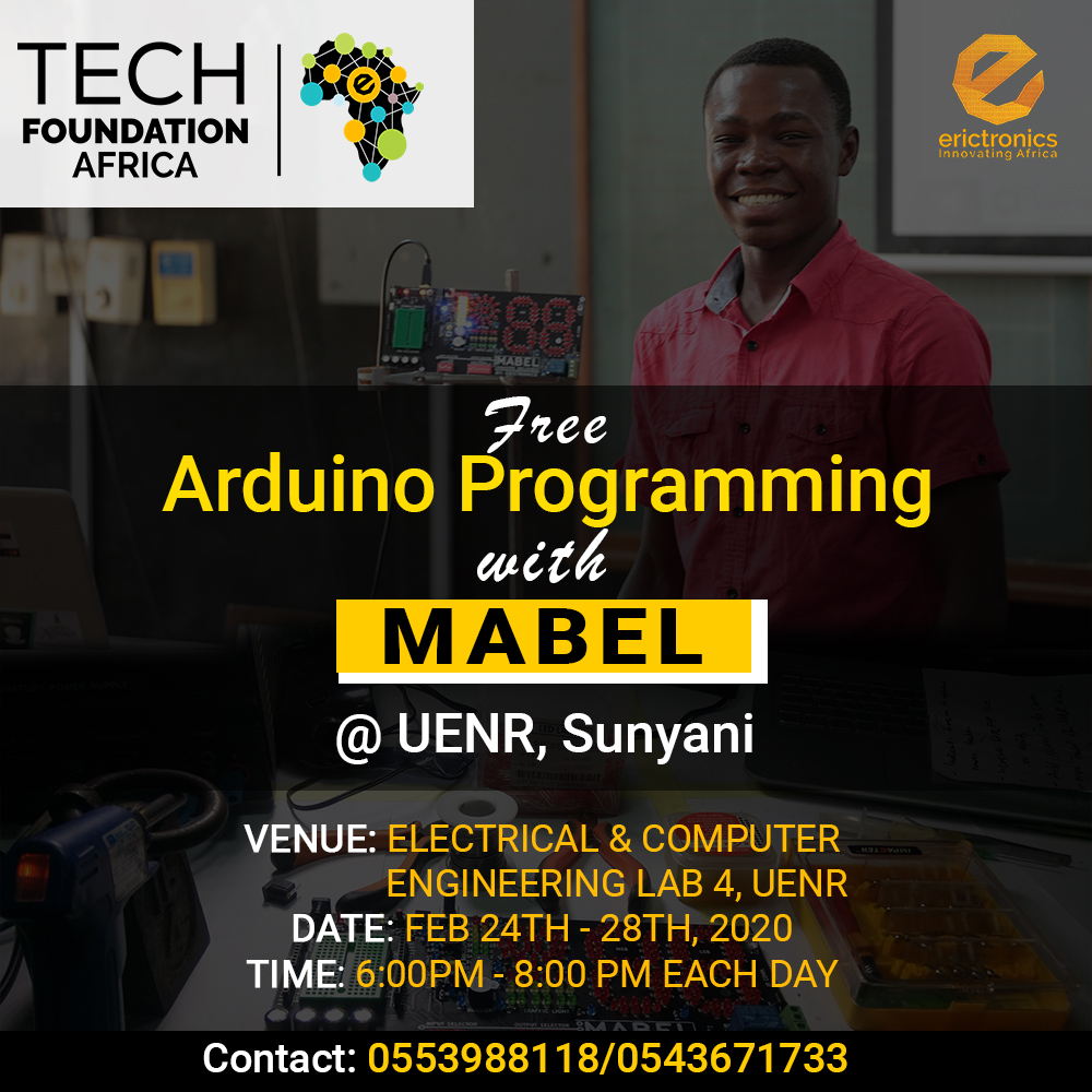 TechfoundationA's tweet photo. We are excited to announce our upcoming training with the Robotics Club at the University of Energy and Natural Resources, Sunyani, Ghana from Feb. 24 to Feb. 28, 2020. If you are in Sunyani, then this is your chance to be Arduinofied! #TechFoundationAfrica #Erictronics #Profesir https://t.co/CwAyP9TjVk