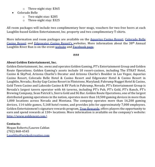 laughlinbuzz's tweet photo. Laughlin River Run 2020 press release from Golden Entertainment via the Laughlin Chamber
Have not heard what participation other #Laughlin properties may or may not be doing.
#LaughlinRiverRun https://t.co/1sAZiELo0P