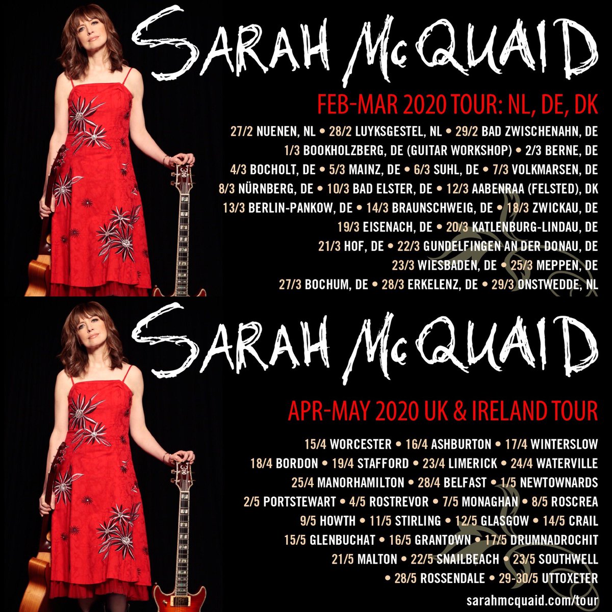 #Tour dates coming up in #Netherlands, #Germany, #Denmark, #UK, #Ireland - please like, comment &amp; retweet! Join &amp; share individual show events on facebook.com/sarahmcquaidmu… - also see sarahmcquaid.com/tour for times, ticket links etc. #sarahmcquaid #tour #guitar #dadgad #livemusic