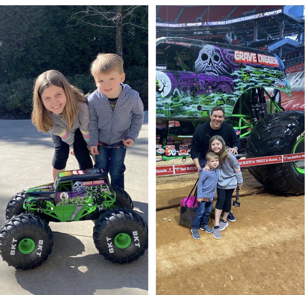SusanHendricks's tweet photo. A birthday present on the left the real thing in the right! #MonsterJam #Monstertrucks #MonsterJam ⁦@joecartertv⁩ 💫❤️🎧 https://t.co/7mNpEbQchZ