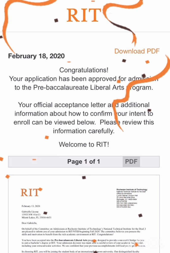 gxbriellaaaa_'s tweet photo. Getting into college is a big deal, getting into your #1 choice school is an even BIGGER deal. #RITTiger They even send me cute banners with my acceptance letter online and I was in tears 🥰💕 #RITBound https://t.co/Zr2oAcZYCP