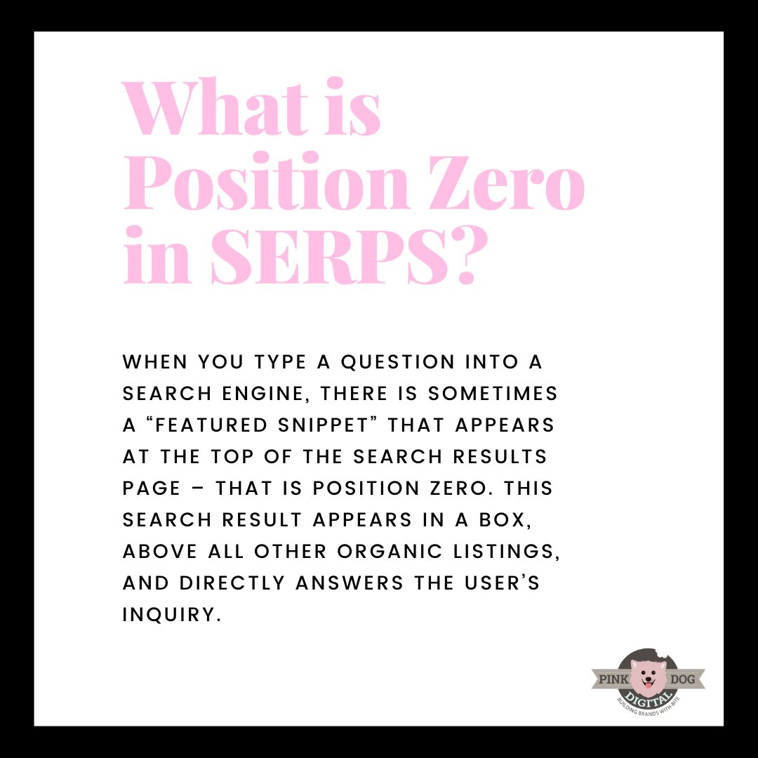 PinkDogDigital's tweet photo. Position Zero is a feature that provides information to users above the fold on Google. Position zero is a helpful feature for both SEO and visitors.
✨
✨
#seo #searchresults #searchengines #marketing #google #googlesearch #positionzero #featuredsnippets #brandswithbite https://t.co/QzQruRKHvw
