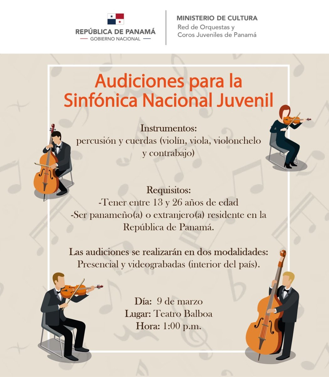 MiCulturaPma's tweet image. Las audiciones presenciales serán para los interesados  residentes en Colón, Panamá y Panamá Oeste.

Para los residentes en el interior del país las audiciones pueden ser videograbada. Los videos se podrán entregar por correo electrónico hasta el 9 de marzo, a las 10:00 p.m.