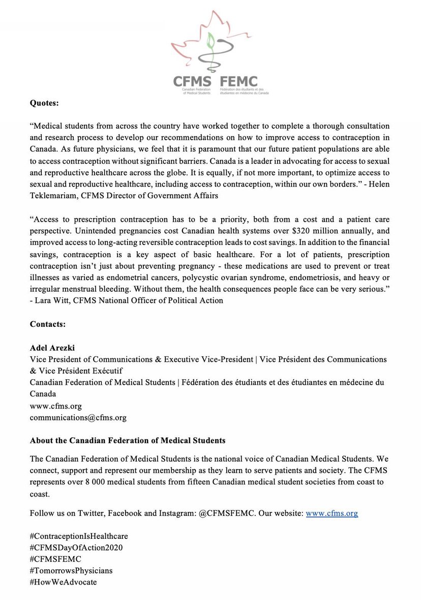 PRESS RELEASE - Medical Students Will Discuss Access to Contraception with Federal Politicians at the Canadian Federation of Medical Students National Day of Action on Monday, February 24th, 2020