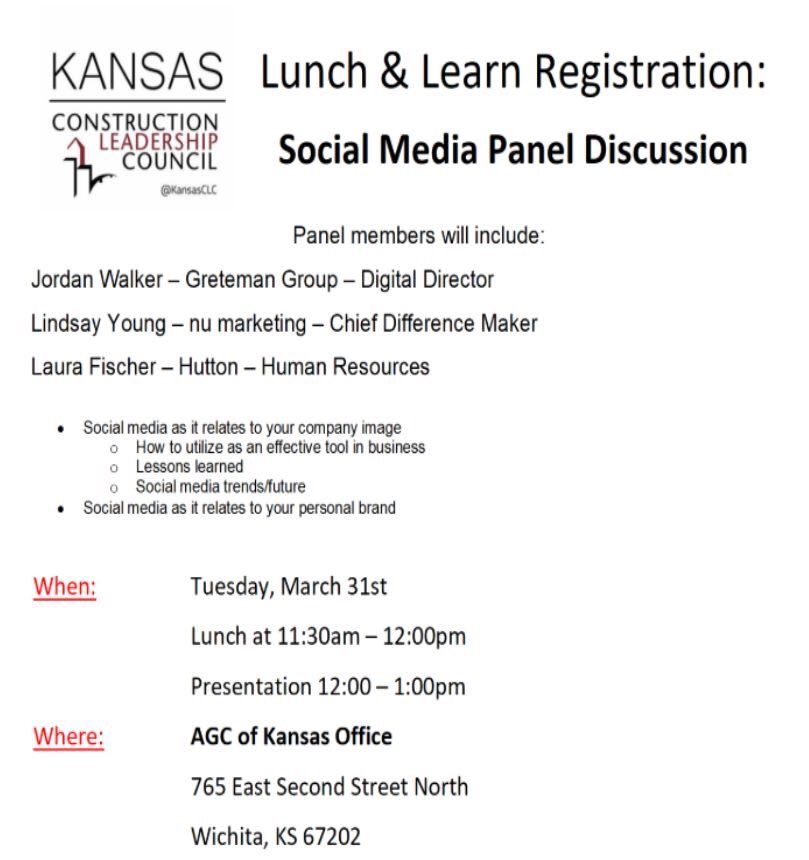 Join the Construction Leadership Council CLC on Tuesday, March 31st at 11:30am at the AGC of Kansas office for a Lunch and Learn, "Social Media Panel Discussion".  Learn how social media relates to your company image and your personal brand. #kansasclc