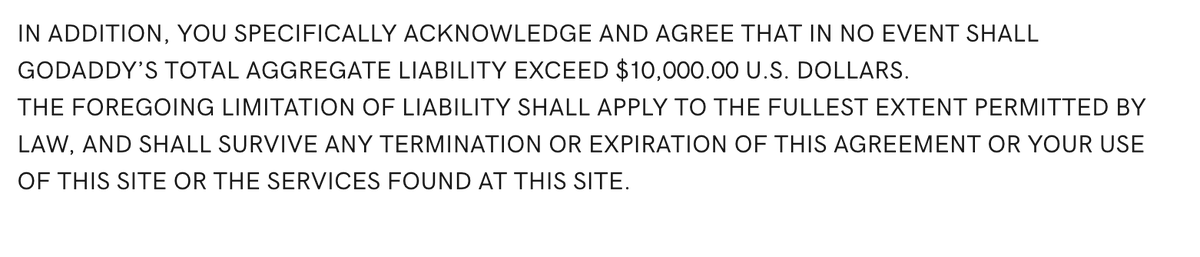 robmonster's tweet photo. @GoDaddy Hypothetically-speaking, if there is a Godaddy/Uni migration fail and domains go missing, it seems the maximum claim to which registrants are entitled is $10,000. The #legal cost to claim that loss probably costs more. If true, I call that #BadOdds.   https://t.co/eyQ8A9E8Pb https://t.co/v5F4oWYZl5