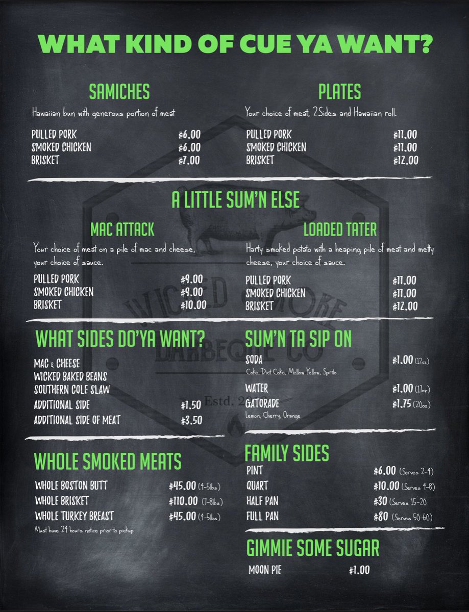 After a lot of figuring up food costs, etc we have settled on our new food truck menu. This will be our staple menu but we will also be offering different sides to go along with it as specials.  Take a look and let us know what you think about it. 

#ncbbq #catering #woodfired