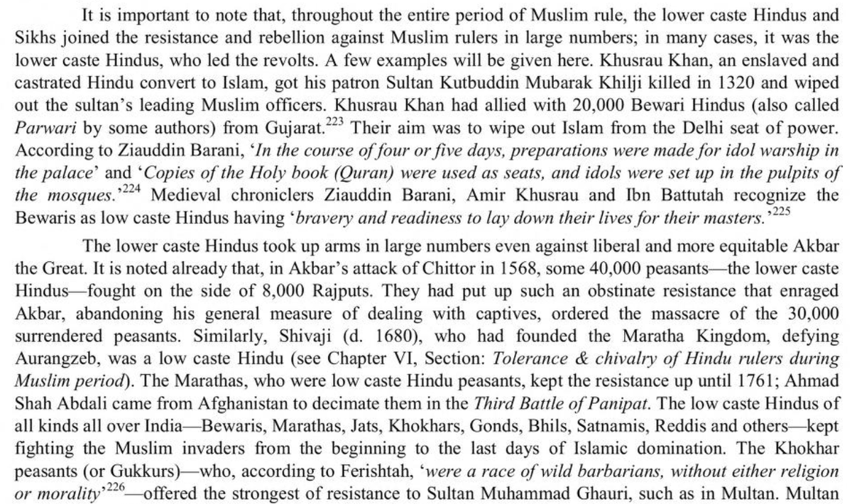 Observation on 'low caste' Hindu rebels (Bewaris, Marathis, Jats, Khokhars, Gonds, Reddis, Bhils, Satnamis) leading armed resistance against Islamic rulers such much so their ferocity was recirded by the likes of Amir Khusrau and Barani.