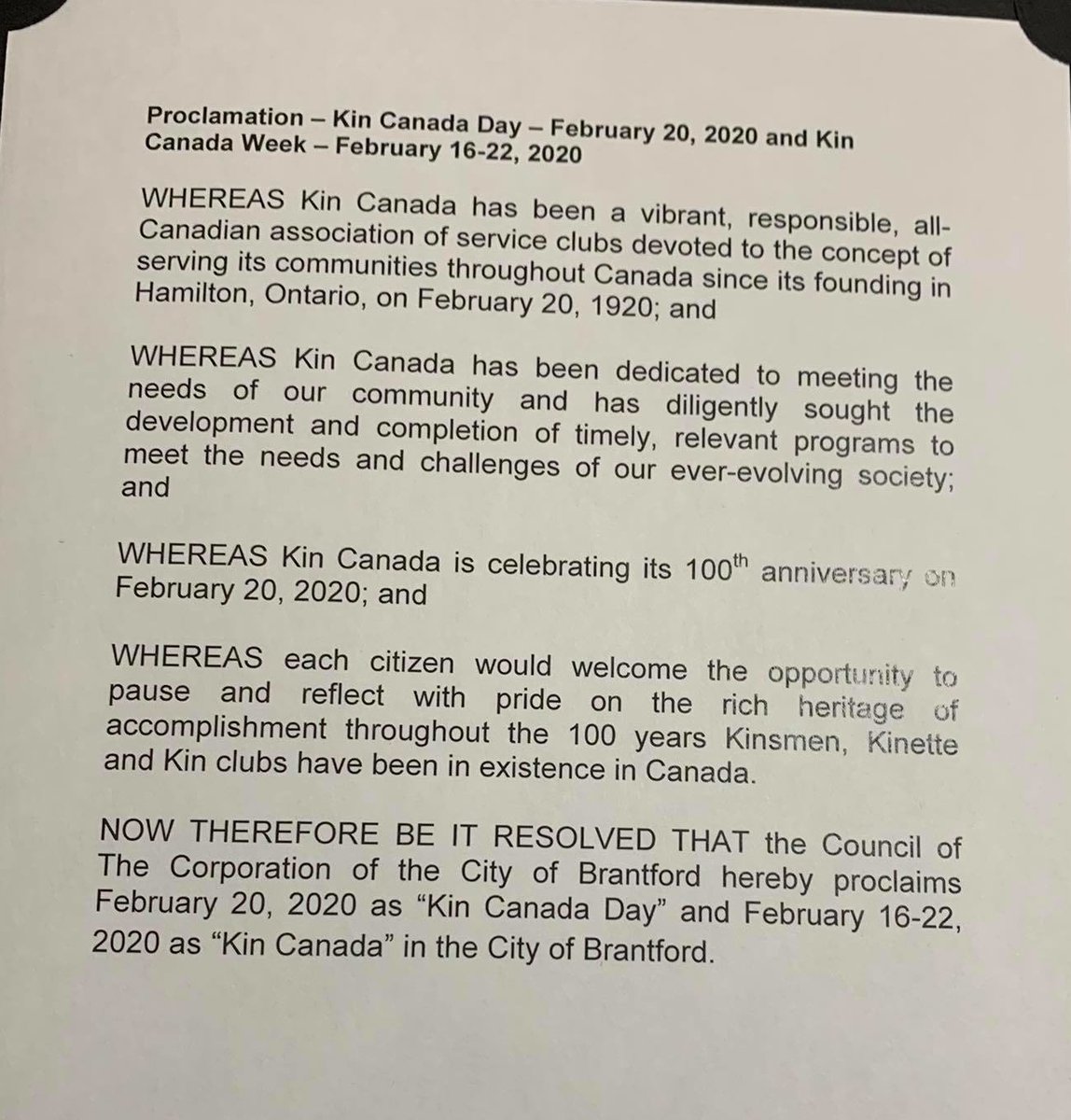 Proclamation from City Hall, proclaiming February 16-22, 2020 Kin Canada week and Raising the flag on February 20, 2020.