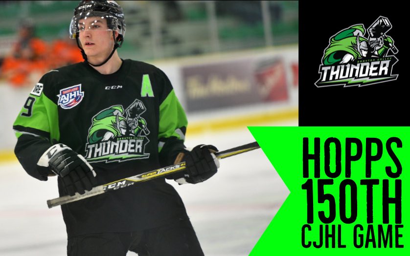 DVThunder's tweet photo. Congratulations to Tanner Hopps who played in his 150th CJHL game tonight in Sherwood Park and his 101 AJHL games with the Thunder. https://t.co/bZ1h26BhC6