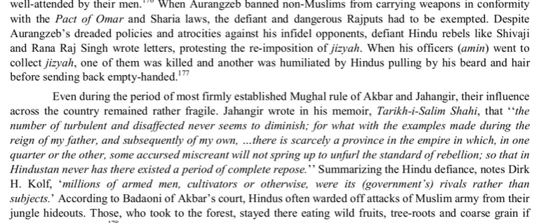 Anecdote of Mughal tax collector officials one of whom was killed by Hindu rebels when he went to collect from the Jizyah while another was humiliated by Hindus who got his beard pulled and sent back empty-handed. Jahangir notes in his Tarikh-i-Salim the fragility of Mughal Rule.