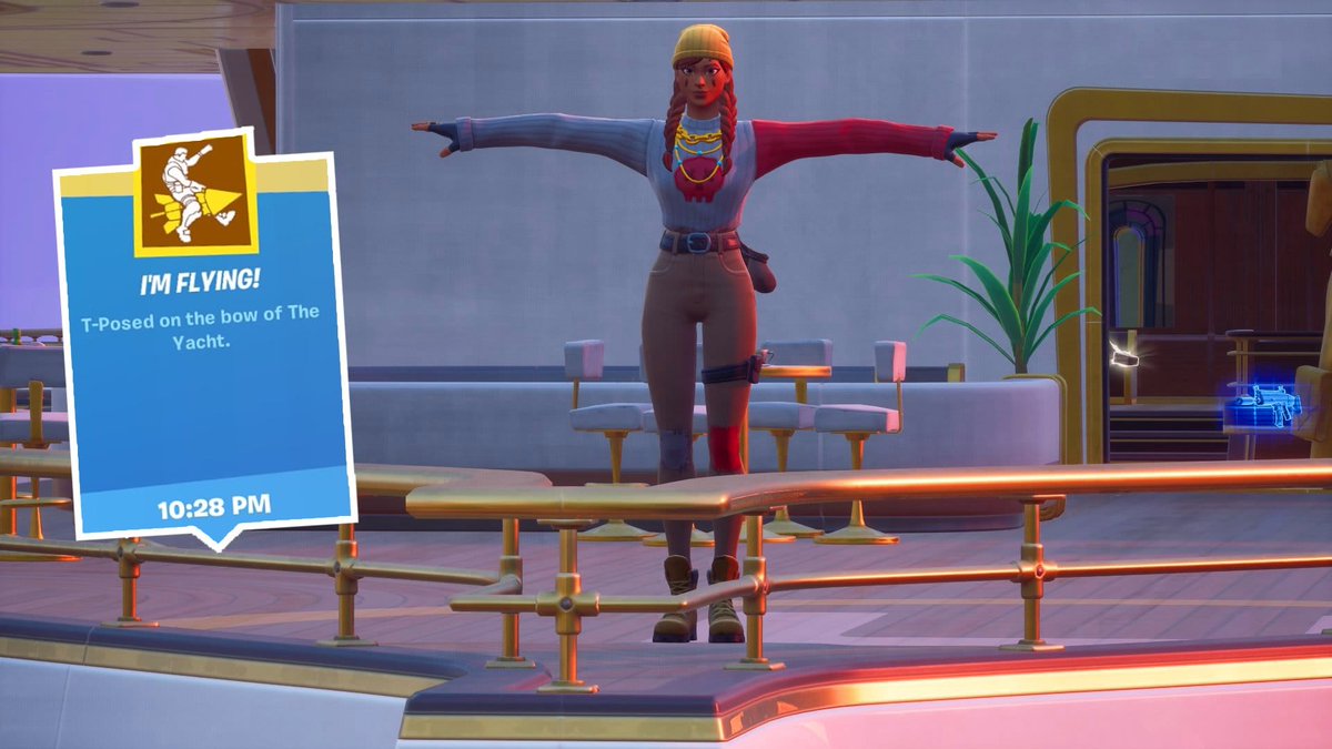 MundoFortniteES's tweet photo. Si haces el gesto de T-Pose en la proa del Yate, conseguirás un logro relacionado con Titanic. #Fortnite https://t.co/x5l1gW5eex