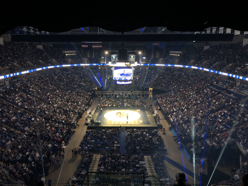 Chris_Grosse's tweet photo. The last three Saturday Nights in the @JordanCenter:

2/8 Sold out @PennStateMBB: Beat Minnesota.

2/15 Sold out @pennstateWREST: Beat Ohio State.

2/22 Jam-packed @THON: Beat Cancer.

(📷 #2 from @pennstateWREST) https://t.co/7o96TB41eH