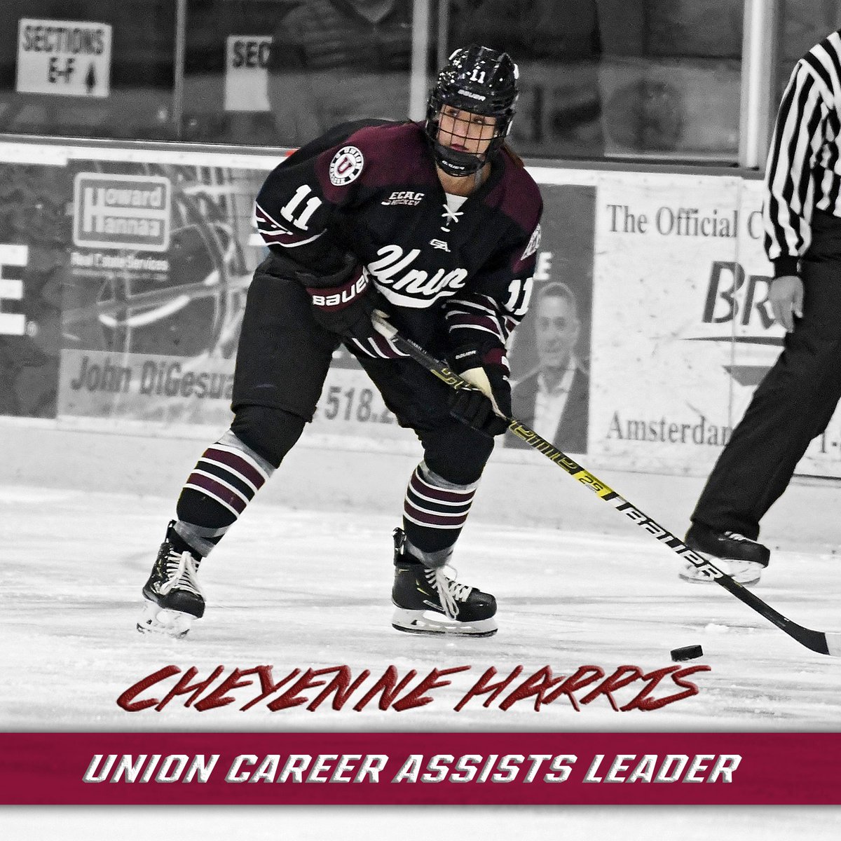 UnionWHockey's tweet photo. With her two assists against Cornell today, @cheyharris11 becomes Union's career assist leader, with 37!

She breaks the previous record of 36, once held by Christine Valente '15.

#GoU | #ECACHockey https://t.co/y1zzqtB9wh