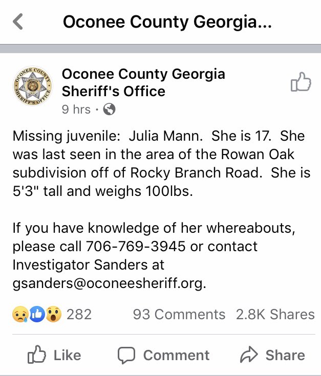 ElaineReyesTV's tweet image. .@missingkids #Georgia folks - esp in #OconeeCounty #AthensClarkeCounty #Atlanta area - please be on the lookout for #JuliaMann.  She is missing!! @oconeelaw
