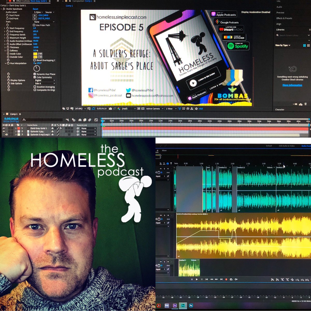 homeless.simplecast.com
Mastering a podcast takes time, dedication and patience. This labor of love has been one of learning, laughing and loving. Episode 5, dedicated the women and men in military uniform, is out this Wednesday. Subscribe wherever you listen to podcasts.